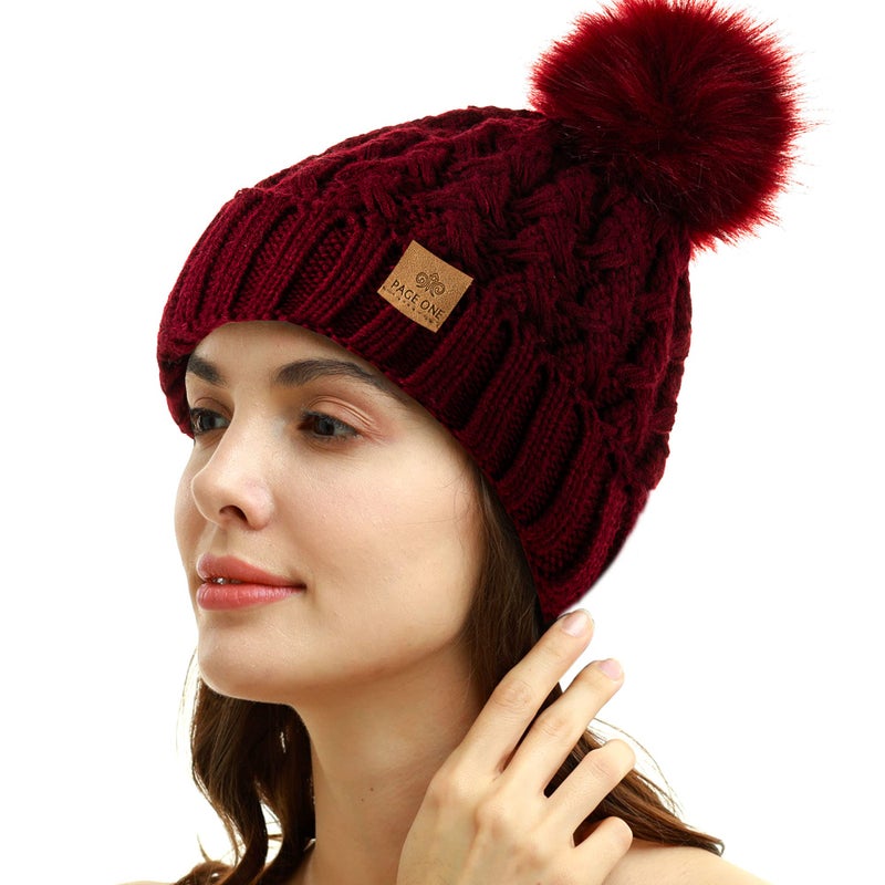 PAGE ONE Womens Winter Ribbed Beanie Crossed Cap Chunky Cable Knit Pompom Soft Warm Hat Wine Red - Image 2